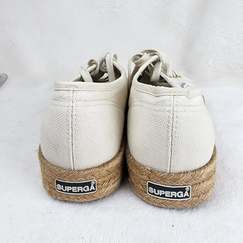 Superga Womens Beige Canvas Espadrille Platform Lace Up Low Top Sneakers Size 10